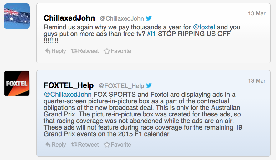 Why is Foxtel showing ads during the Formula 1 Grand Prix in Melbourne